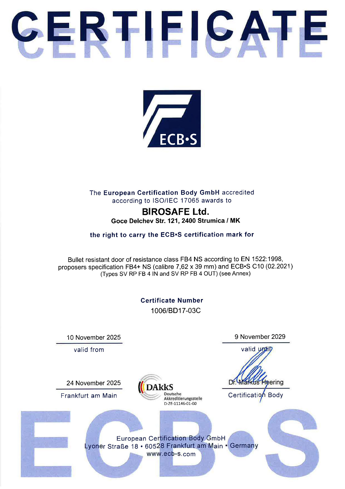 Bullet resistant door FB4+NS